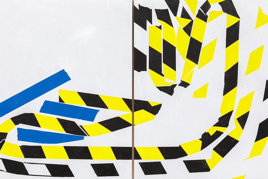 Marjorie Welish, Meander Collab 3,  2021, diptych, acrylic on panel, 20 × 32 ¼". From the series “Indecidability of the Sign: Yellow/Black,” 2019–.
