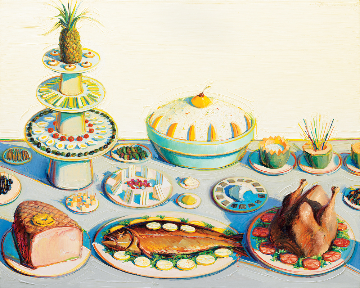 Plates of food arranged on a table, including a roasted turkey, ham, fish, layered serving trays, colorful appetizers, desserts, and a decorative pineapple.