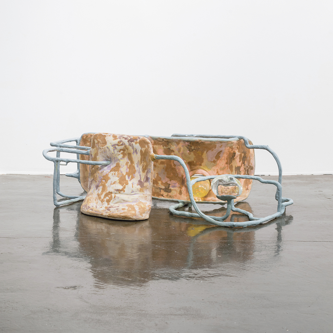 Jes Fan, Systems III, 2018, silicone, glass, epoxy, melanin, estradiol, wood, 19 × 48 × 28". From the series “Systems,” 2018.